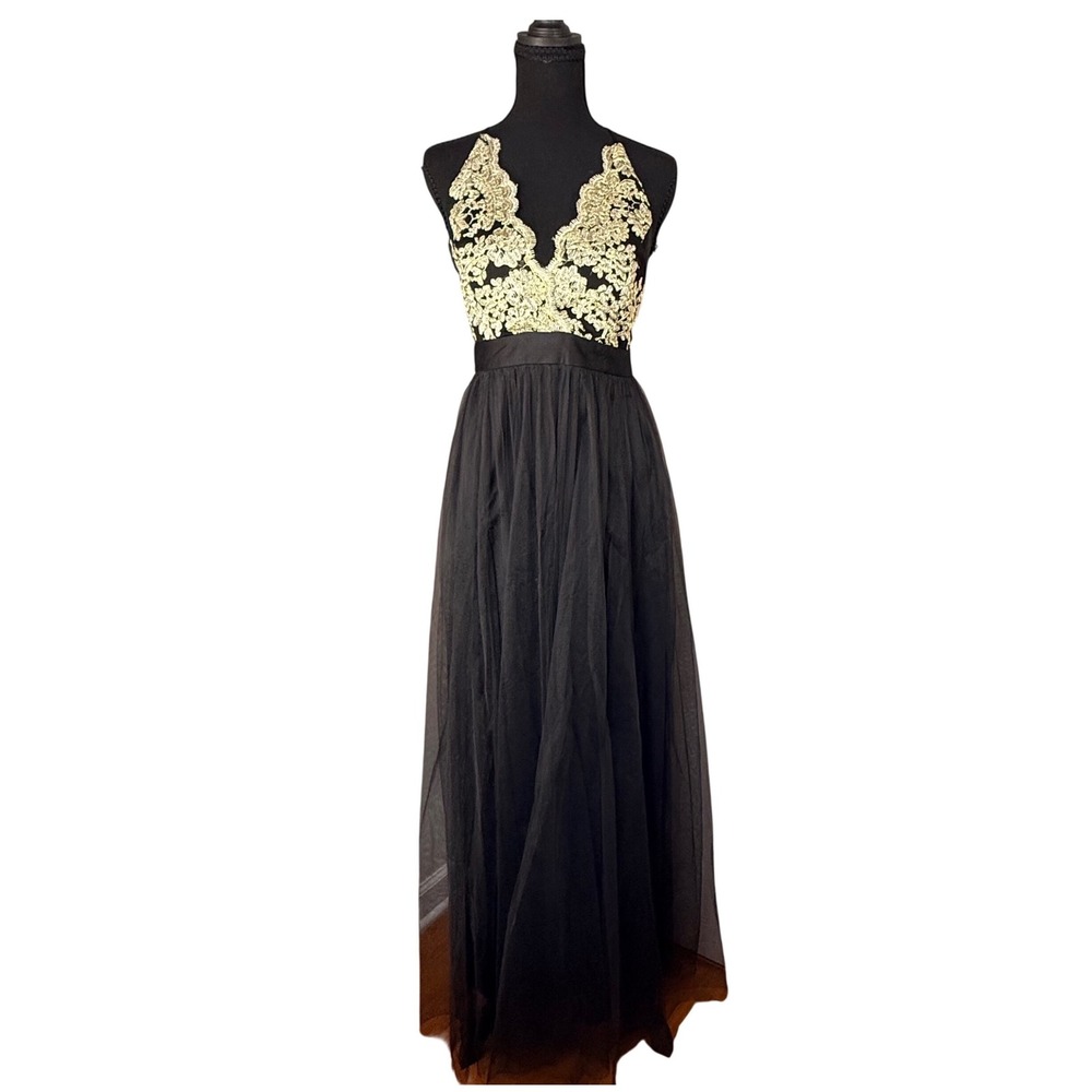 Windsor Formal Gown Black Gold Lace Tulle Prom Dress V-Neck Maxi Medium VID9220